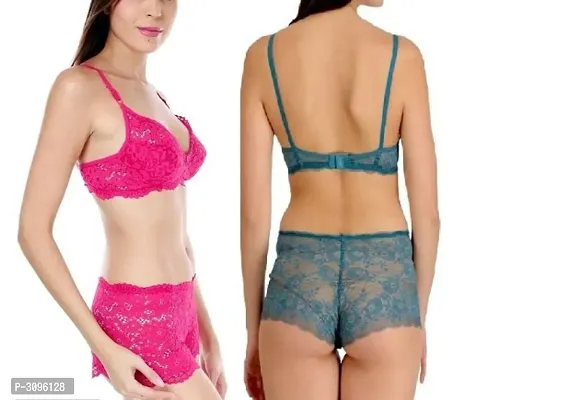 Stylish Multicoloured Lace Bra  Panty Set - Pack Of 2