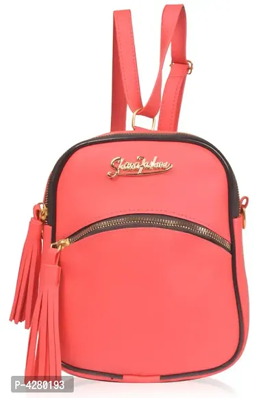 Elegant Peach PU Leather Solid Mini Backpack For Women-thumb0