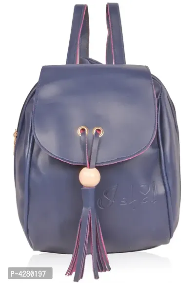 Elegant Blue PU Leather Solid Regular Backpack For Women