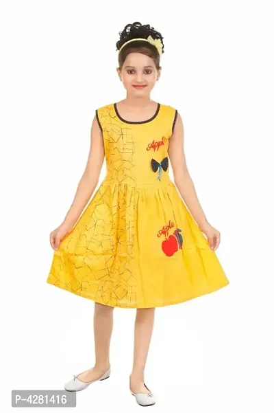 Stylish Cotton Yellow Printed Round Neck Sleeveless Frock For Girls-thumb0