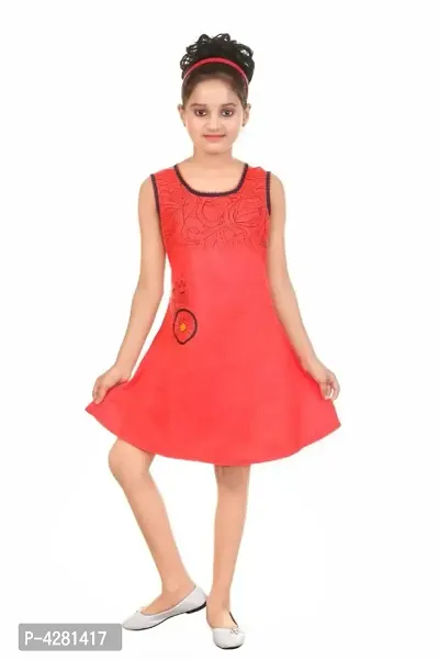 Stylish Cotton Red Printed Round Neck Sleeveless Frock For Girls