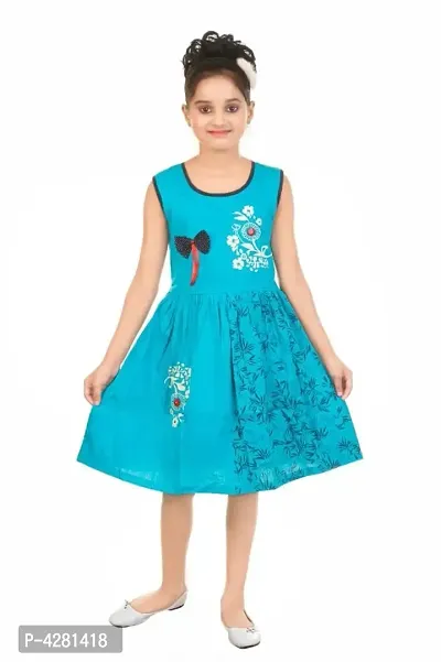 Stylish Cotton Blue Floral Print Round Neck Sleeveless Frock For Girls