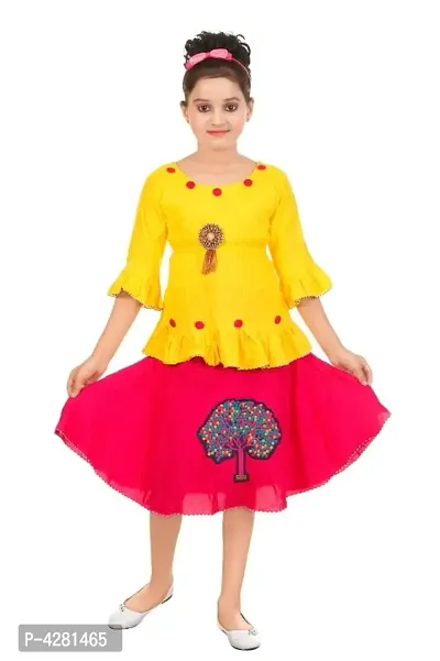 Stylish Rayon Yellow Solid Bell Design Sleeves Top With Skirt Set For Girls
