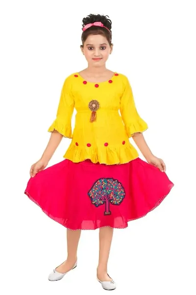 Stylish Rayon Solid Bell Design Sleeves Top With Skirt Set For Girls