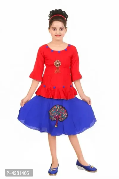 Stylish Rayon Red Solid Bell Design Sleeves Top With Skirt Set For Girls