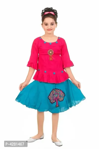 Stylish Rayon Pink Solid Bell Design Sleeves Top With Skirt Set For Girls