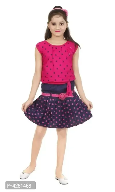 Stylish Hosiery Pink Polka Dot Printed Sleeveless Top With Skirt Set For Girls-thumb0