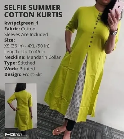 Beautiful Green Cotton Solid Kurtas For Women-thumb0