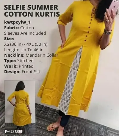 Yellow Cotton Solid Kurtas For Women-thumb0