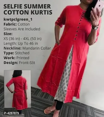 Stylish Red Cotton Solid Kurtas For Women-thumb0