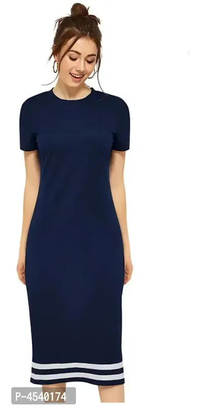 Elegant Blue Cotton Blend Solid Bodycon Dress For Women-thumb0