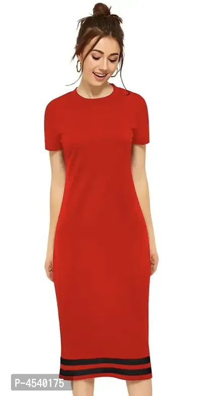 Elegant Red Cotton Blend Solid Bodycon Dress For Women