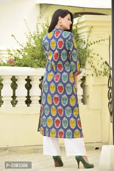 Elite Blue Printed Cotton Women A-Line Kurti-thumb2