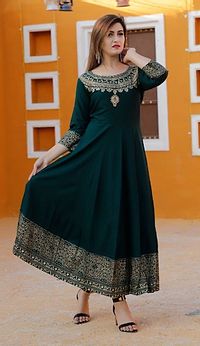 Elegant Olive Rayon Gold Print Women Anarkali Kurti-thumb3