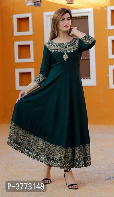 Elegant Olive Rayon Gold Print Women Anarkali Kurti-thumb4