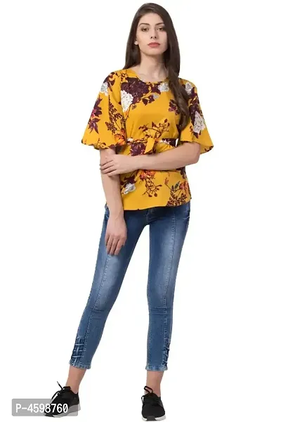 Elite Yellow Printed Crepe Regular Length Tops For Women-thumb0