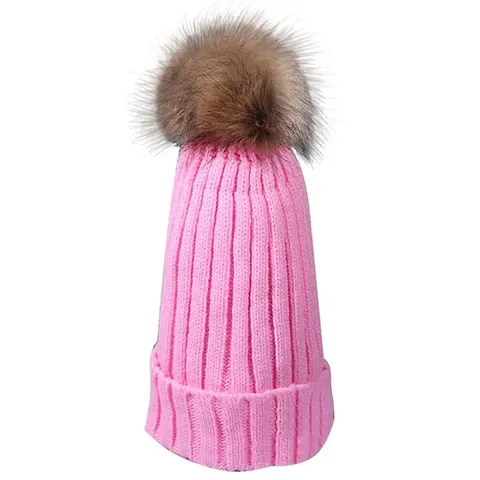 Winter Knitted Fur Hat Real Large Raccoon Fur Pom Pom Beanie Cap