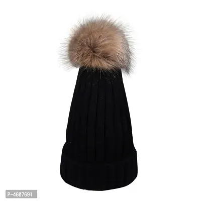 Womens Girls Winter Knitted Fur Hat Real Large Raccoon Fur Pom Pom Beanie Cap-thumb0