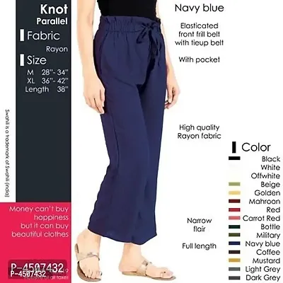 Elegant Navy Blue Rayon Solid Elasticated Front Frill Trousers For Women