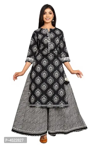 Stylish Black Cotton Printed Kurta And Palazzo With Dupatta Set For Women-thumb4