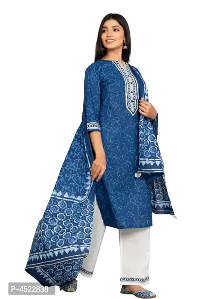 Stylish Blue Cotton Printed Kurta And Pant With Dupatta Set For Women-thumb4