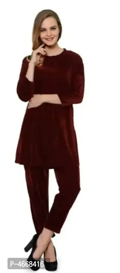 Stylish Velvet Maroon Solid Top With Pajama Night Suit Set-thumb0