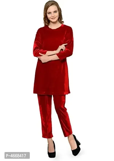 Stylish Velvet Red Solid Top With Pajama Night Suit Set