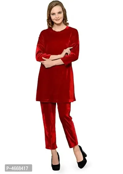 Stylish Velvet Red Solid Top With Pajama Night Suit Set-thumb0