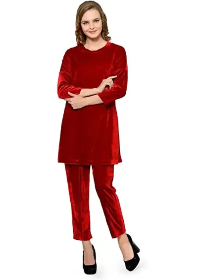 Stylish Velvet Solid Top With Pajama Night Suit Set