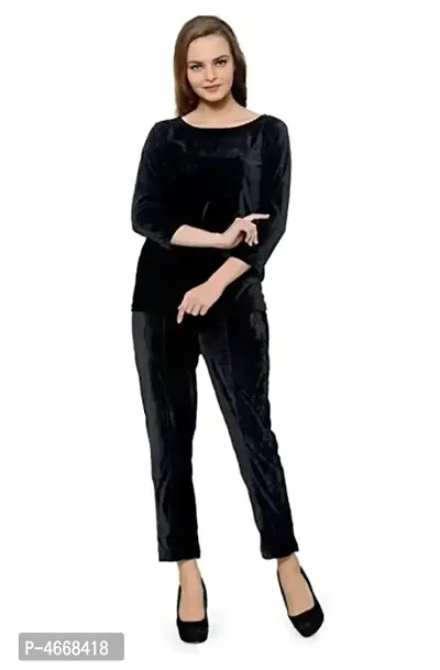 Stylish Velvet Black Solid Top With Pajama Night Suit Set