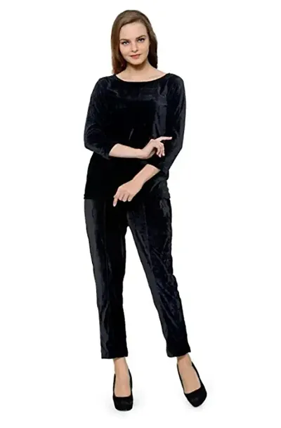 Stylish Velvet Solid Top With Pajama Night Suit Set