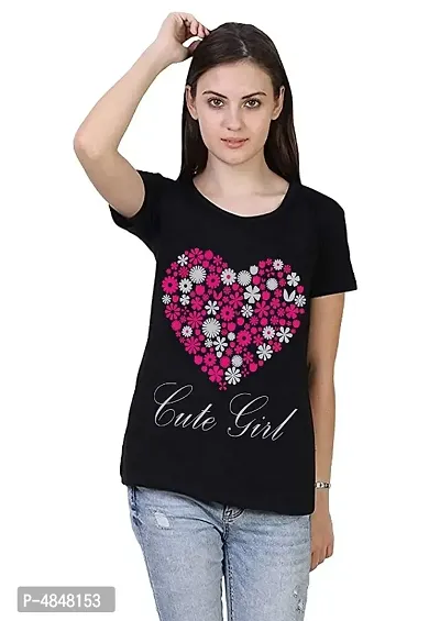 Alluring Black Cotton Printed Round Neck T-Shirts For Women