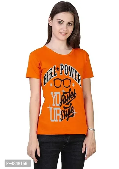 Alluring Orange Cotton Printed Round Neck T-Shirts For Women-thumb0