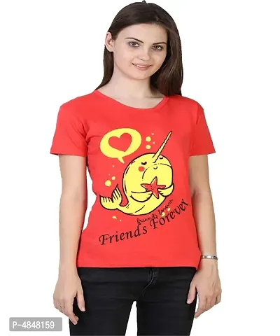 Alluring Red Cotton Printed Round Neck T-Shirts For Women