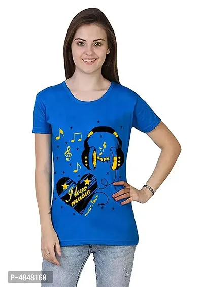 Alluring Blue Cotton Printed Round Neck T-Shirts For Women