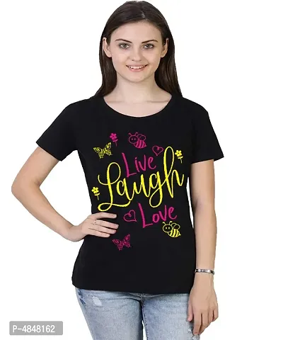 Alluring Black Cotton Printed Round Neck T-Shirts For Women