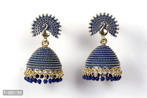 Peacock Design Blue Brass Oxidised Silver Beads Jhumkas Earrings For Women And Girls-thumb0