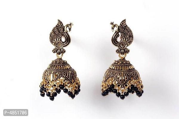 Peacock Design Black Brass Oxidised Gold Beads Jhumkas Earrings For Women And Girls-thumb0