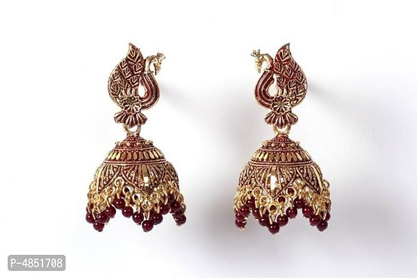 Peacock Design Maroon Brass Oxidised Gold Beads Jhumkas Earrings For Women And Girls