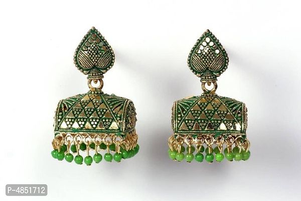 Peacock Design Green Brass Oxidised Gold Beads Jhumkas Earrings For Women And Girls-thumb0