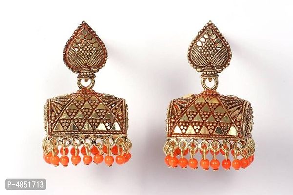 Peacock Design Orange Brass Oxidised Gold Beads Jhumkas Earrings For Women And Girls