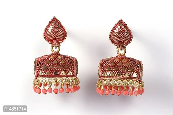 Peacock Design Peach Brass Oxidised Gold Beads Jhumkas Earrings For Women And Girls