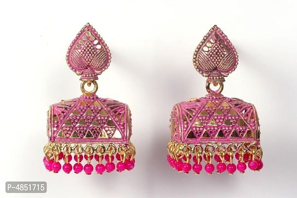 Peacock Design Pink Brass Oxidised Gold Beads Jhumkas Earrings For Women And Girls