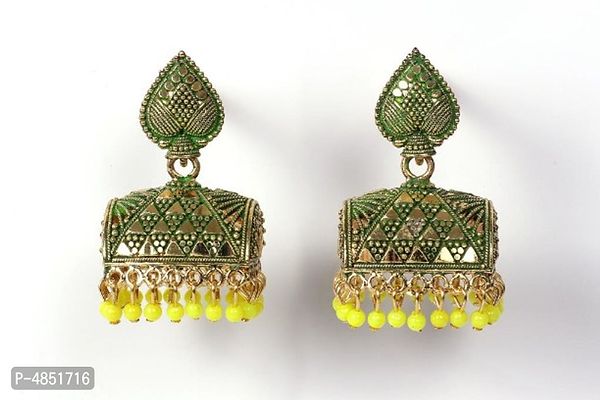 Peacock Design Olive Brass Oxidised Gold Beads Jhumkas Earrings For Women And Girls