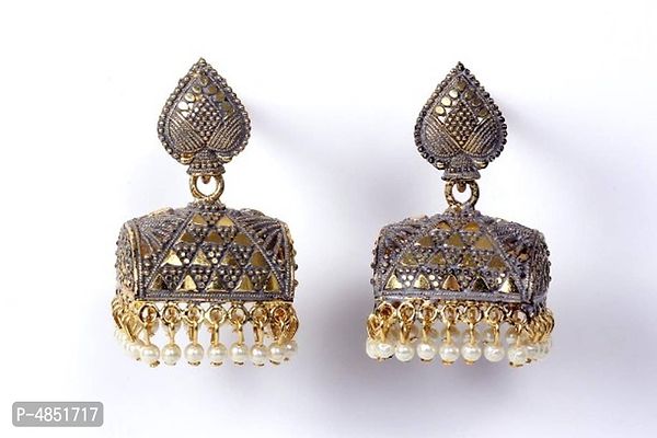 Peacock Design White Brass Oxidised Gold Beads Jhumkas Earrings For Women And Girls