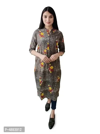 Stylish Cotton Brown Floral Printed One Side Pocket Kurta For Women-thumb0