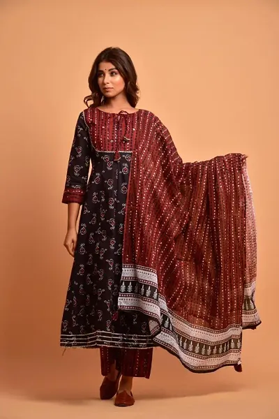 Festive Wear Cotton Discharge Print Kurti - Palazzo Set With Dupatta