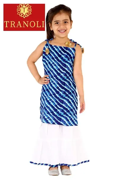 Stylish Blue Rayon Cotton Printed Sleeveless Kurta with Sharara Set For Girls