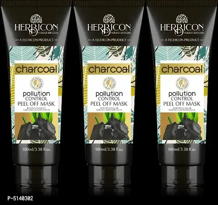 Herbicon Activated Bamboo Charcoal Peel Off Mask With Aloe Vera Extract For Black Head Removal, Acne, Pimples, Deep Cleansing, Dirt Removal - 100% Organic  Natural - 100 Ml - Pack Of 3