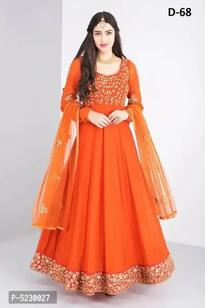 Adorable Georgette Orange Thread Embroidered Ready-Made Pleated Gown With Dupatta Set